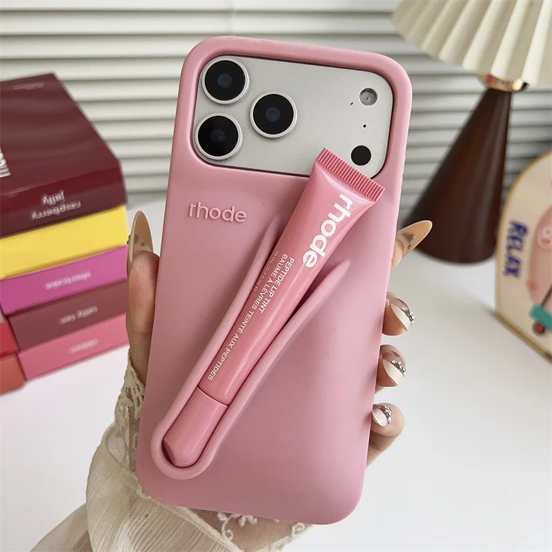 Material: Plastic, Color: Blue, Bundle: Bundle1 - With Lipstick Phone Case for iPhone 17 13 14 15 16 17 Pro Max Plus 12 17 Air Silicone Lip Gloss Holder Hot INS Soft Cover Funda