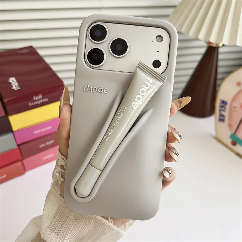 Material: Plastic, Color: Blue, Bundle: Bundle1 - With Lipstick Phone Case for iPhone 17 13 14 15 16 17 Pro Max Plus 12 17 Air Silicone Lip Gloss Holder Hot INS Soft Cover Funda