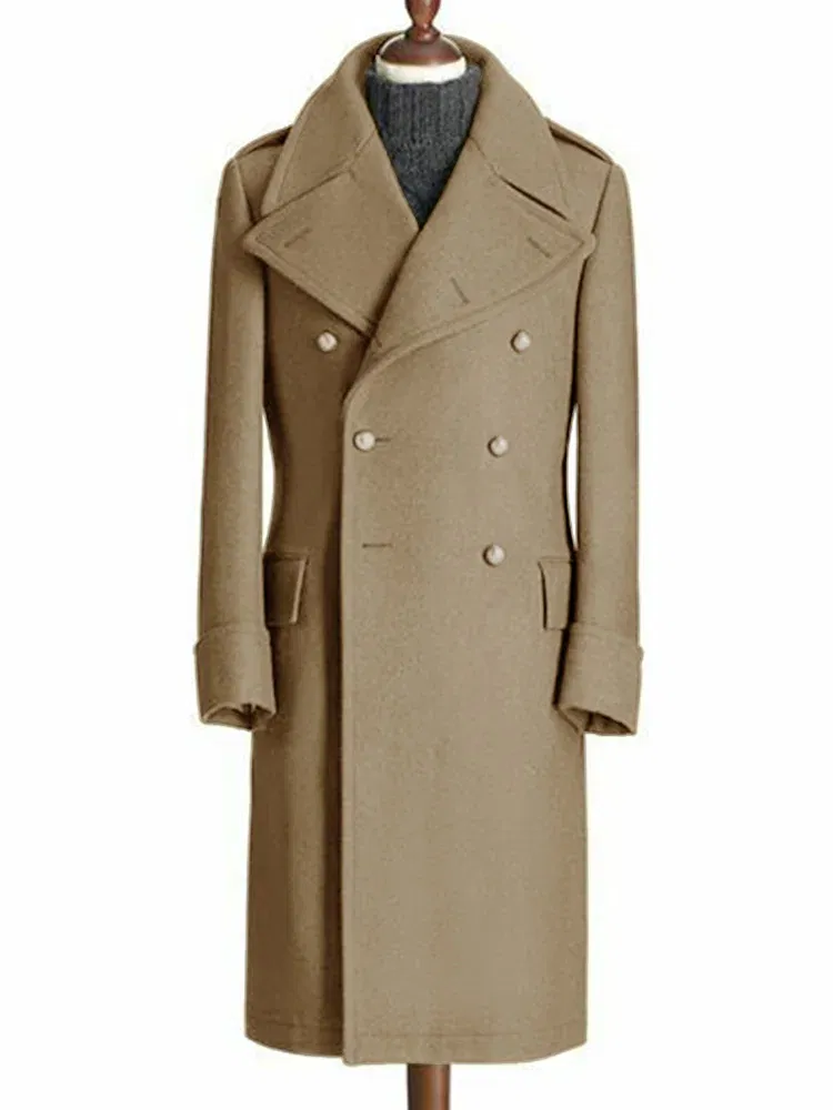 Color: Khaki, Size: S - Windbreak Men's Jacket Wool Long Coat Lapel Double Breasted Men's Trench Coats Windbreakers Jackets Man Winter 2023 Martens Male
