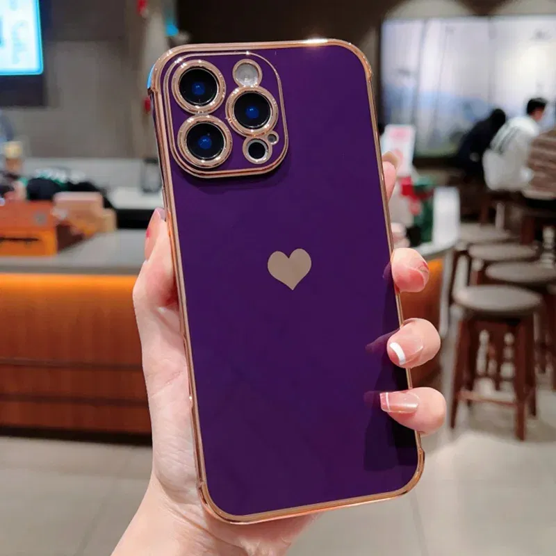 Color: Beige, Compatible-Phone Models: For iPhone 12, Ships From: CN - Electroplating Side Love Heart Phone Case For IPhone 16 15 14 13 12 11 Pro Max XR 8 Plus SE2/SE3 Shockproof Back Cover