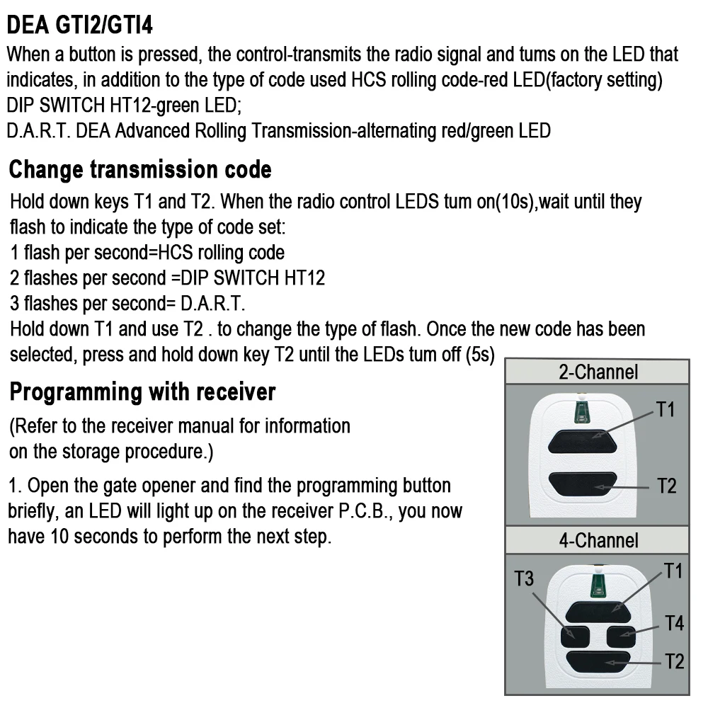 Color: WHITE - DEA GT2 GT4 MIO TR2 TR4 TR2N 433MHz Rolling Code Garage Door Remote Control DEA GT2M GT4M Fixed Code Gate Keyfob Transmitter