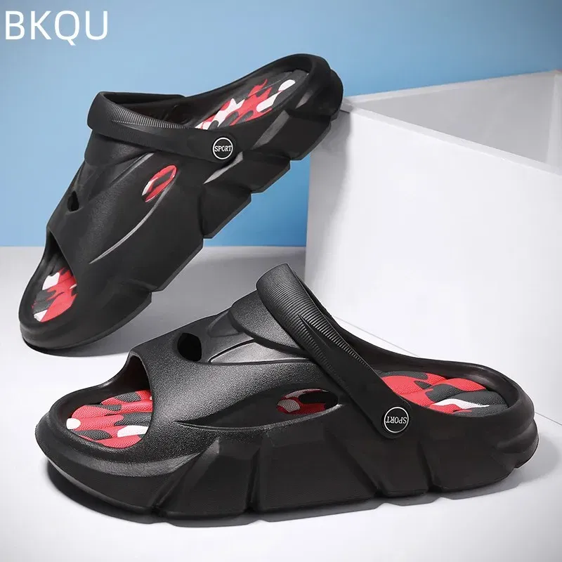 Color: Black, Shoe Size: 45 - Men's Beach Slippers Round Toe Lightweight Flat Bottom Waterproof Comfortable Trend Versatile Breathable Non-slip Large Size