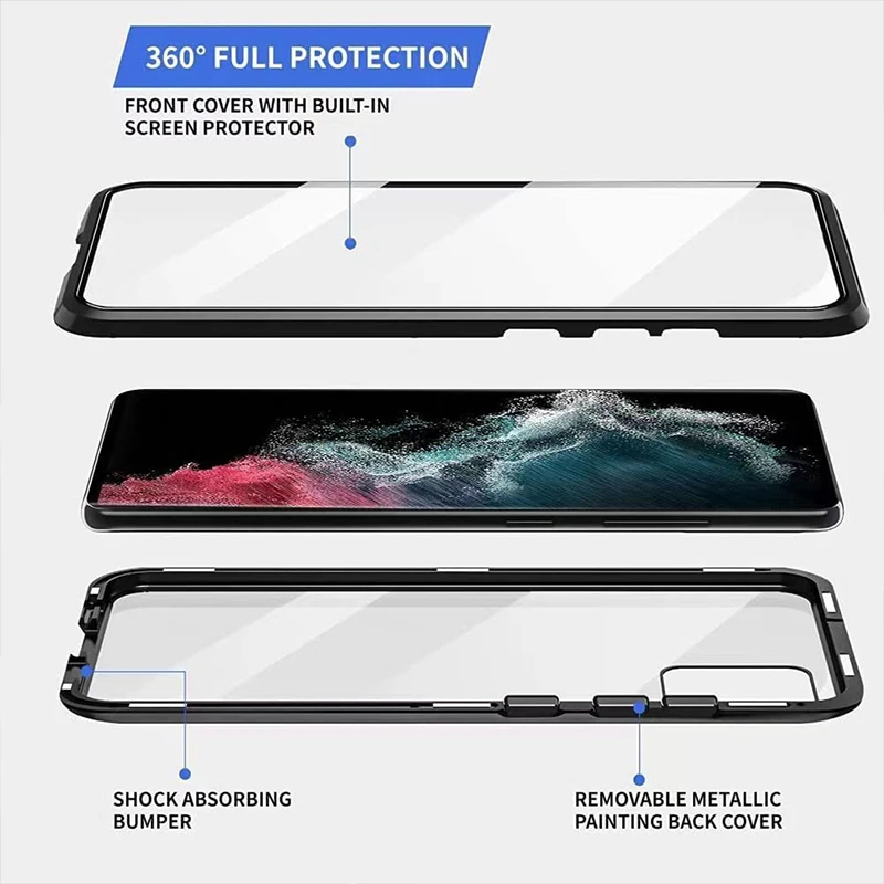 Color: Silver, Material: PC - Full Wrap Metal Bezel Case For Samsung Galaxy S23 S22 Ultra S21 S20 FE S24 Note 10 20 Lite Plus Double-Sided Glass Back Cover
