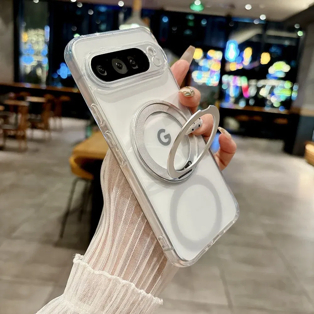 Color: black, Compatibility by Model: Google Pixel 10 Pro - for Magsafe Matte Rotating Bracket Case for Google Pixel 10 9 Pro XL 8 7 6 9A 8A 7A 6A Holder Stand Transparent Shockproof Cover