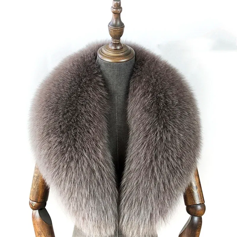 Color: khaki, Size: XXS - Fox Fur Collar 100% Real Fox Fur Scarf Straight Collar Natural Fur Gray Collar Large Size Neck Warmer Fur Scarf Shawls