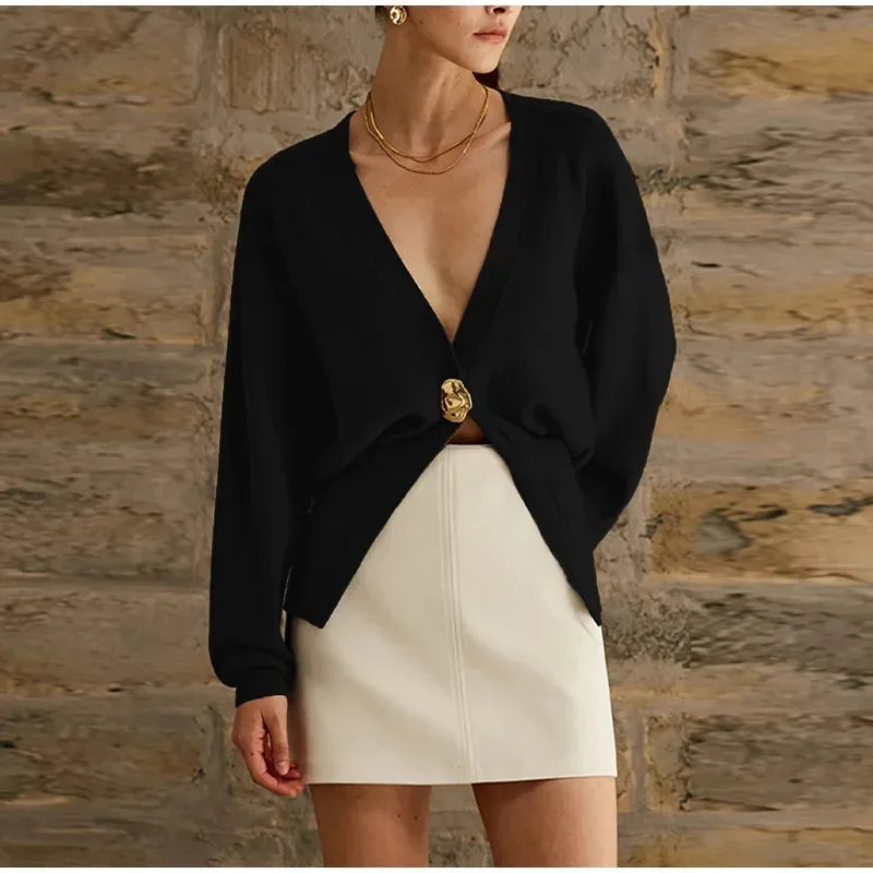 Color: SKY BLUE, Size: M - Women's Knitted Sweater with Elegant Temperament, Solid Color, Long Sleeved Buttons, Knitted Open