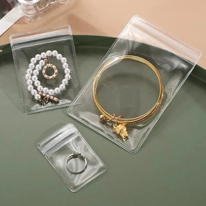 Size: XL, Color: Yellow - 100/10Pcs PVC Jewelry Package Bags Thicken Self Sealing Pouches Anti-Oxidation Earring Necklace Clear Organizer Bag Reusable
