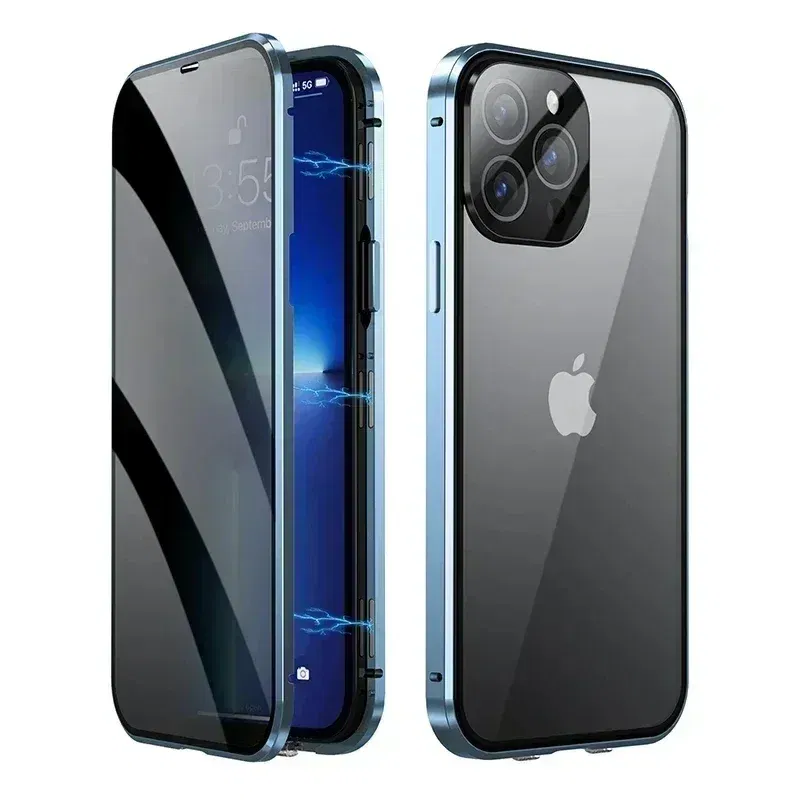 Color: Blue, Material: Cotton - Double-Sided Privacy Magnetic Case For iPhone 16 12 13 14 15 11 Pro Max 14 Plus 16 Plus Anti Peeping Full Cover Metal Frame Case