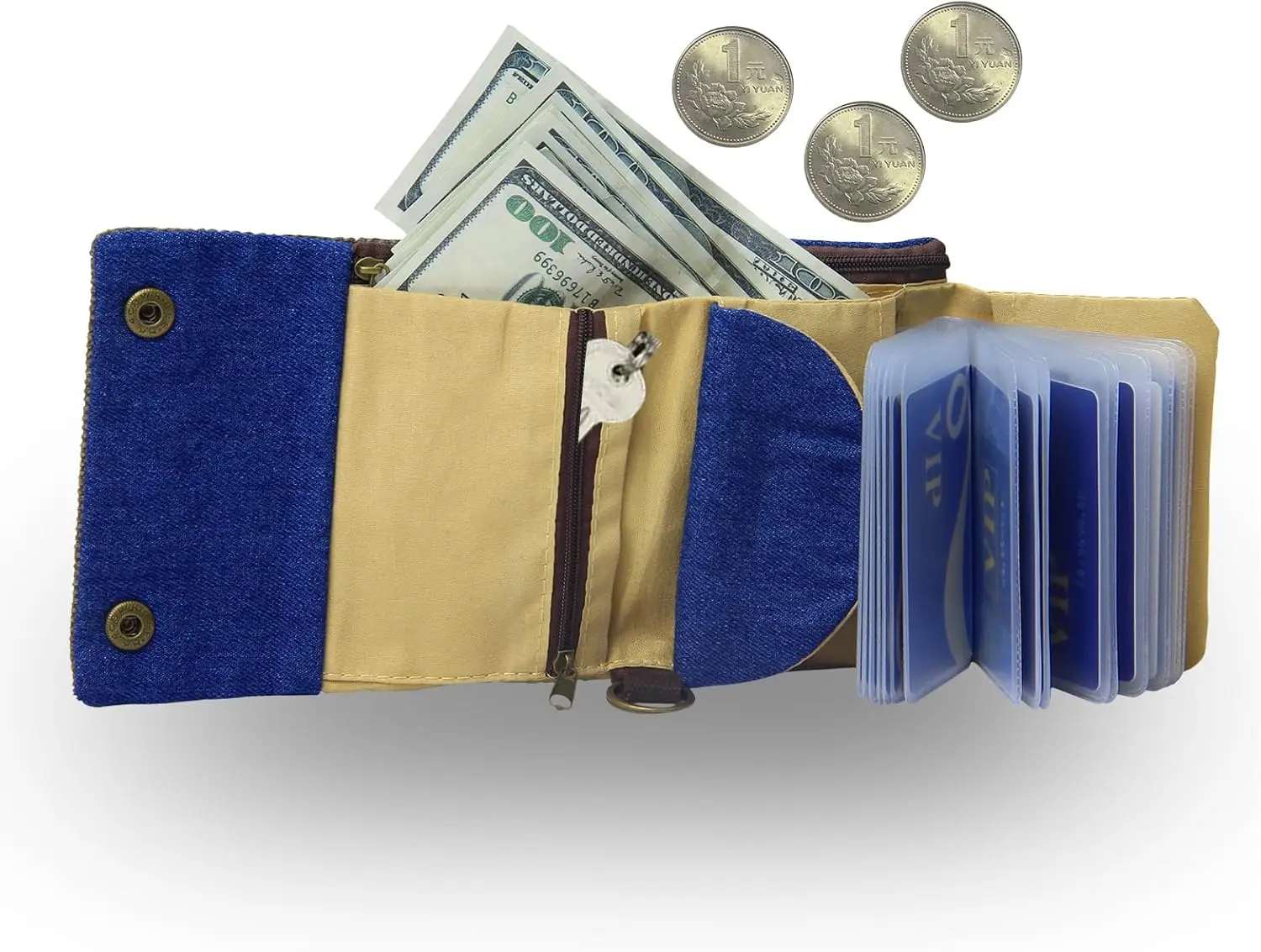 Color: Clear - Handmade Three Fold Fabric Wallet Women Men Simple Short Zipper Purses for Teens Personality Multi-function Key Bag Card Holder
