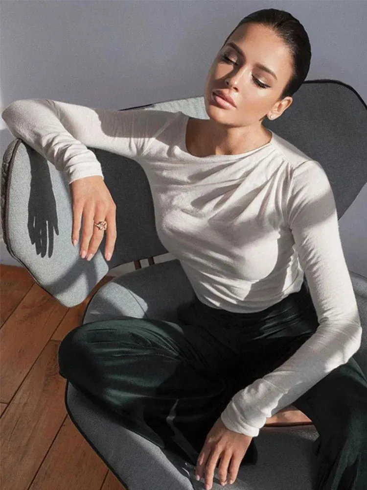 Color: black, Size: S - Long Sleeve Top White T-Shirts Women Basic Crop Top Autumn Pollover Solid Skew Neck T Shirt Streetwear Basic Black Y2K Tees
