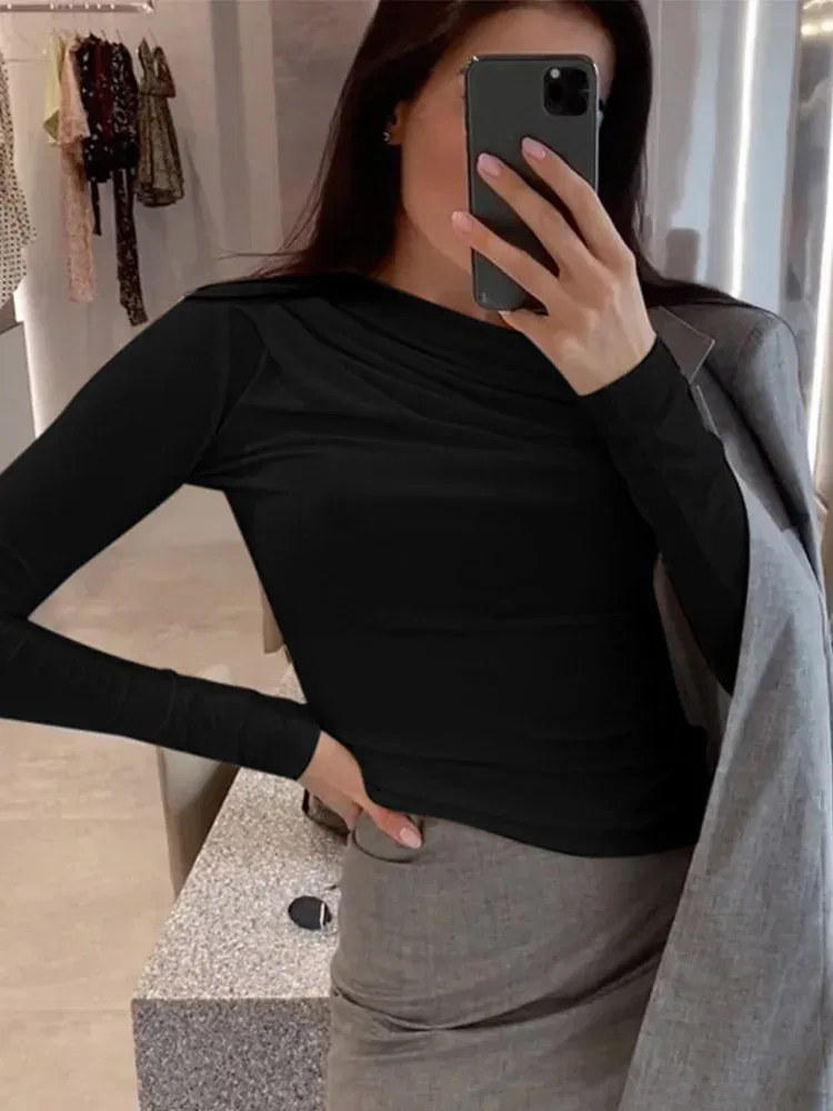 Color: black, Size: S - Long Sleeve Top White T-Shirts Women Basic Crop Top Autumn Pollover Solid Skew Neck T Shirt Streetwear Basic Black Y2K Tees