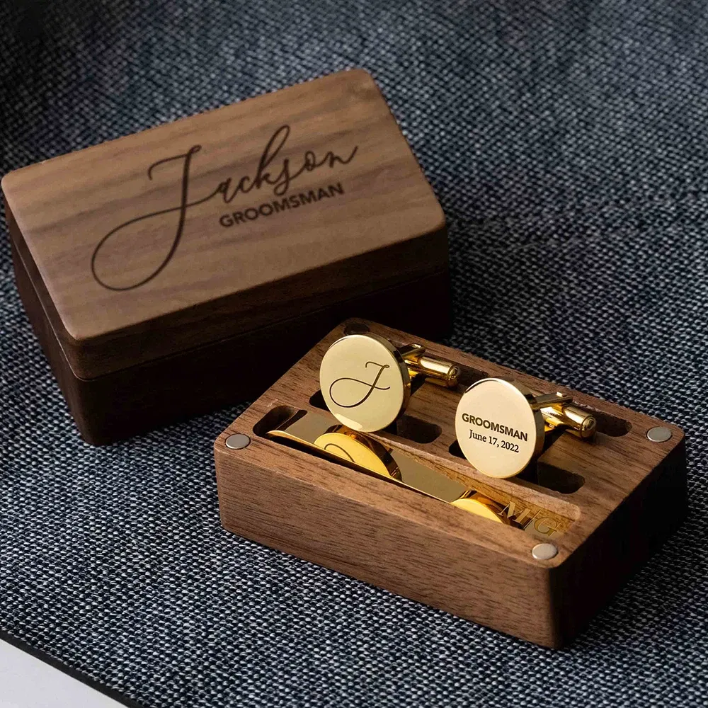 Color: Light Grey, Size: XXL - Custom Metal Cufflinks Tie Clip & Rectangle Gift Box Engraved Gift for Dad and Groomsmen Personalized Best Man Cufflinks Set