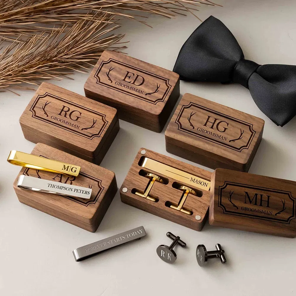 Color: Light Grey, Size: XXL - Custom Metal Cufflinks Tie Clip & Rectangle Gift Box Engraved Gift for Dad and Groomsmen Personalized Best Man Cufflinks Set