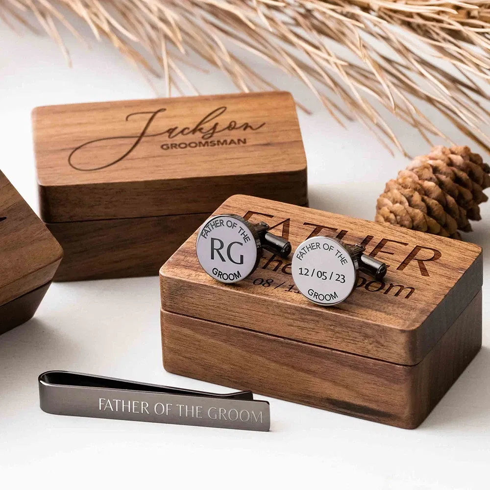 Color: Light Grey, Size: XXL - Custom Metal Cufflinks Tie Clip & Rectangle Gift Box Engraved Gift for Dad and Groomsmen Personalized Best Man Cufflinks Set