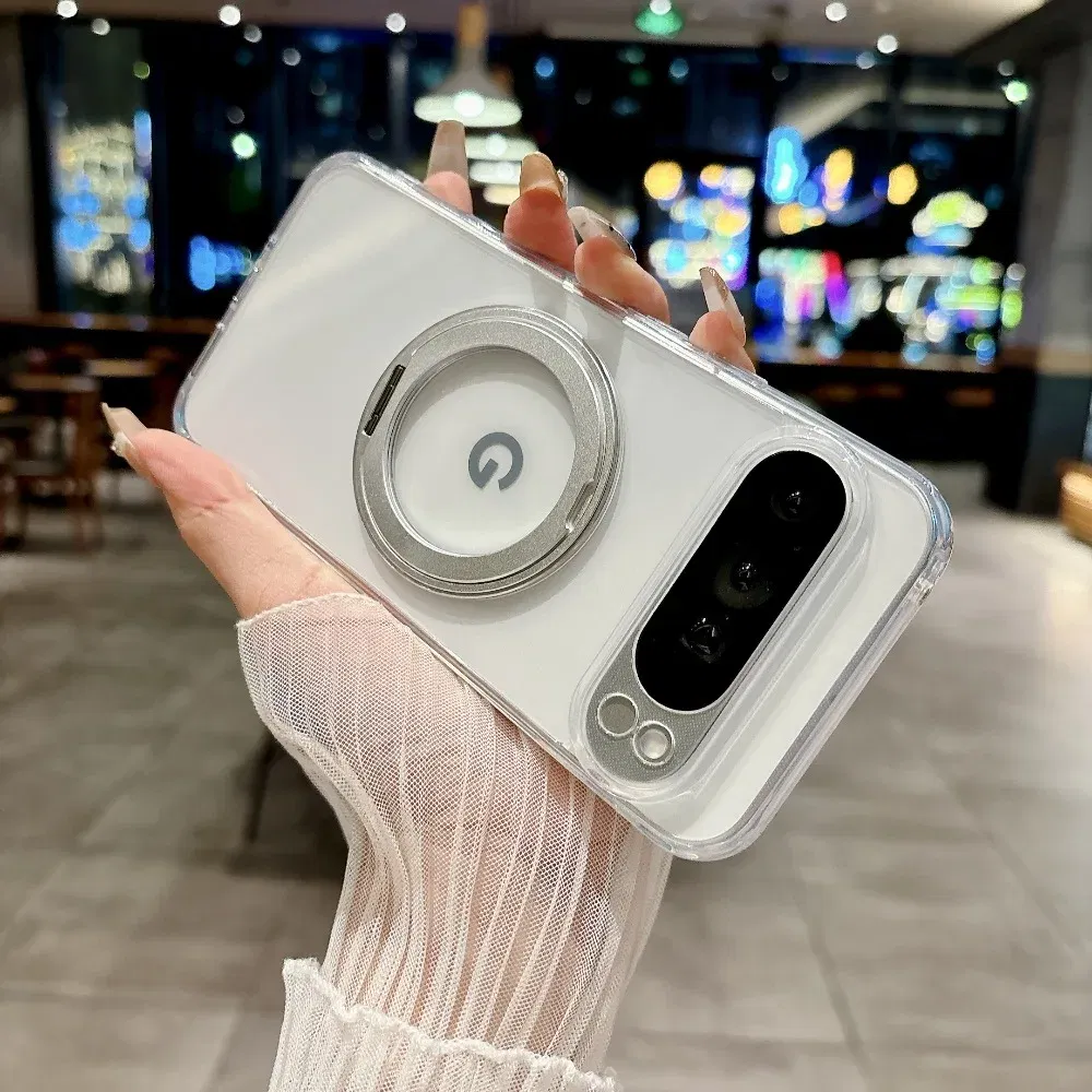 Color: black, Compatibility by Model: Google Pixel 10 Pro XL - for Magsafe Matte Rotating Bracket Case for Google Pixel 10 9 Pro XL 8 7 6 9A 8A 7A 6A Holder Stand Transparent Shockproof Cover