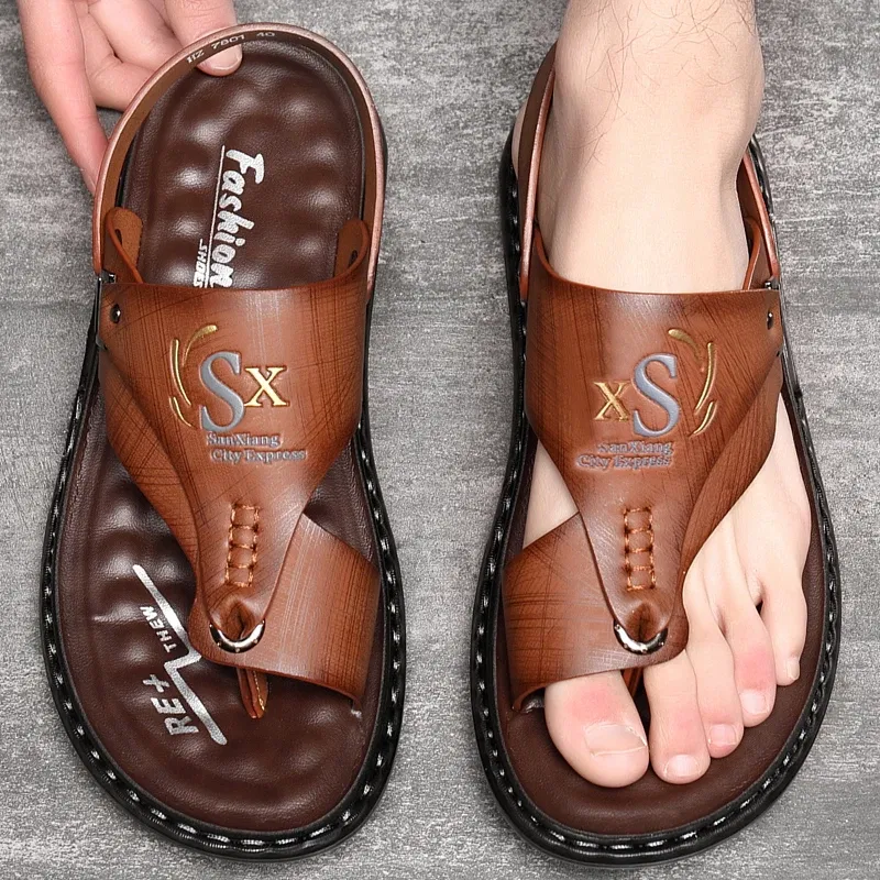 Color: Chocolate, Shoe Size: 47 - Summer Men Sandals Casual Genuine Leather Leisure Sandals Designer Shoes Men
