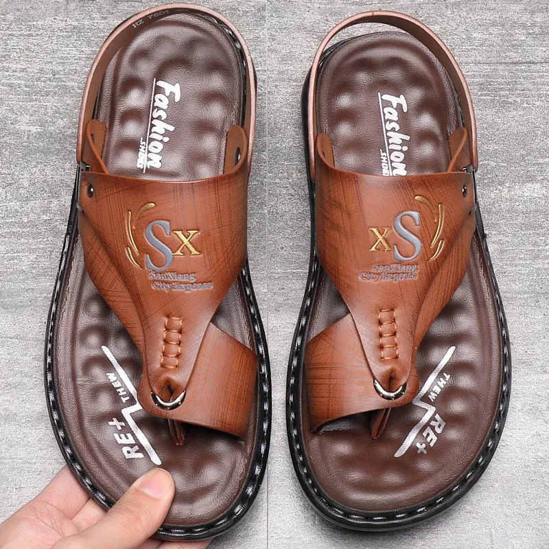 Color: Chocolate, Shoe Size: 47 - Summer Men Sandals Casual Genuine Leather Leisure Sandals Designer Shoes Men