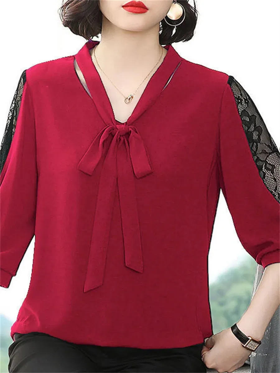 Color: green, Size: 6XL - Women Spring Summer Style Blouses Tops Lady Casual Bow Tie Colloar Half Lace Sleeve Loose Blusas Tops DF4275