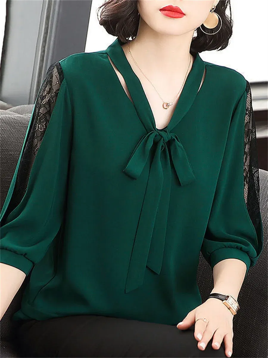 Color: green, Size: 6XL - Women Spring Summer Style Blouses Tops Lady Casual Bow Tie Colloar Half Lace Sleeve Loose Blusas Tops DF4275