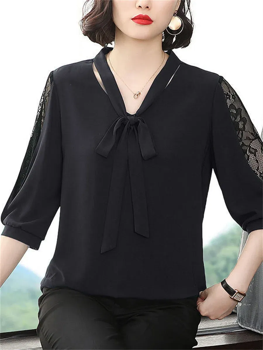 Color: green, Size: 6XL - Women Spring Summer Style Blouses Tops Lady Casual Bow Tie Colloar Half Lace Sleeve Loose Blusas Tops DF4275