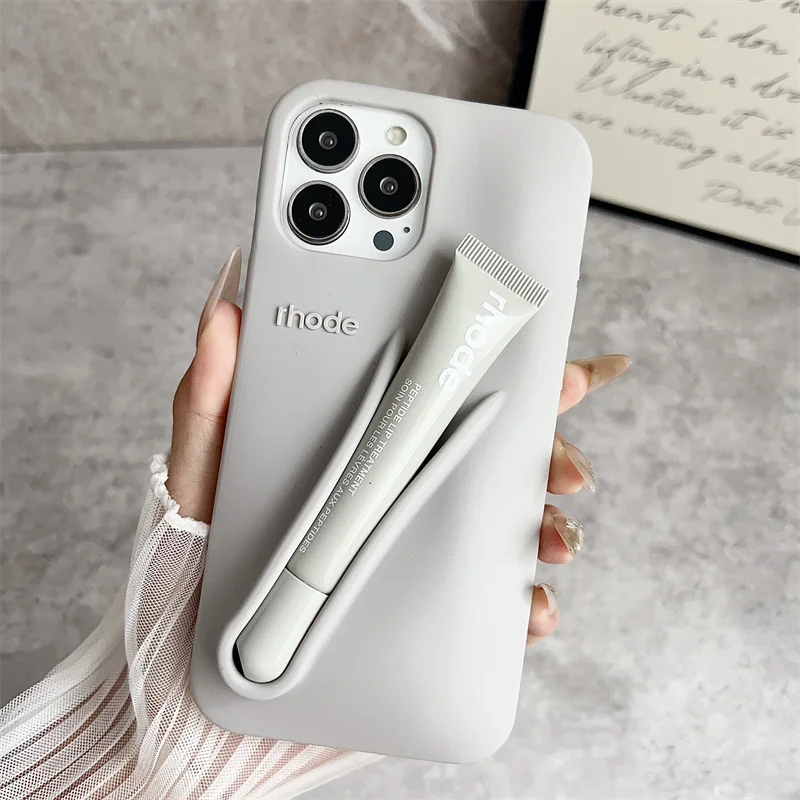 Color: Beige, Bundle: Bundle1, Material: Microfiber - Phone Case For iPhone 12 13 14 15 16 Pro Max Plus 17 Air Portable Lip Gloss Holder Lipstick Silicone Soft Bumper Cover Lip Glaze