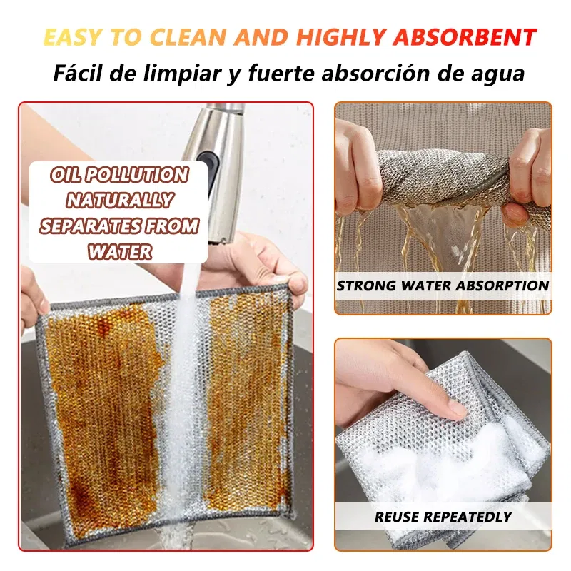 Color: Red, Specification: 5pcs - Magic Cleaning Cloth Multipurpose Wire Miracle Cleaning Cloth Innovative Dishwashing Net Hand Towel for Kitchen Dishwashing Grid