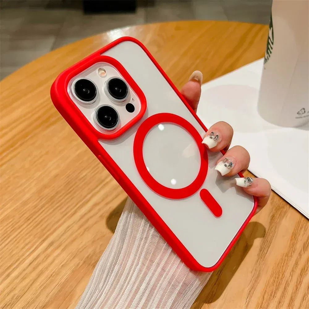 Color: Red, Material: PVC - Luxury Shockproof Magsafe Wireless Charge Case for iPhone 17 Air 16 15 14 Plus 13 12 Mini 11 Pro Max Clear Magnetic Bumper Cover