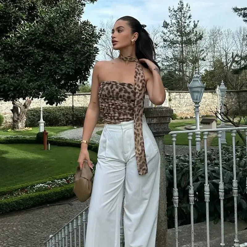 Color: black, Size: M - TRAF 2024 Woman Off Shoulder Tulle Crop Top Women Ruched Leopard Print Sexy Tube Tops Summer Sleeveless Backless Bandeau Top