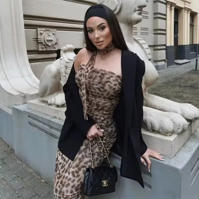 Color: black, Size: M - TRAF 2024 Woman Off Shoulder Tulle Crop Top Women Ruched Leopard Print Sexy Tube Tops Summer Sleeveless Backless Bandeau Top
