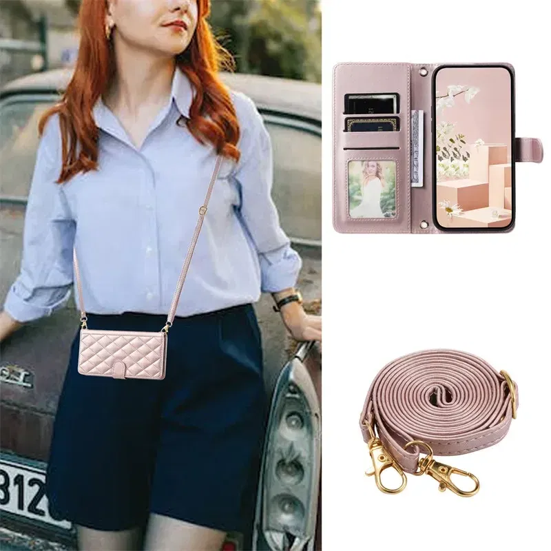 Material: PP, Color: Red - Long lanyard Flip Leather Case for Samsung Galaxy Note 20 Ultra 10 9 8 Plus A10 A20E A30 A50 A70 A51 A71 A21S Wallet Card Cover