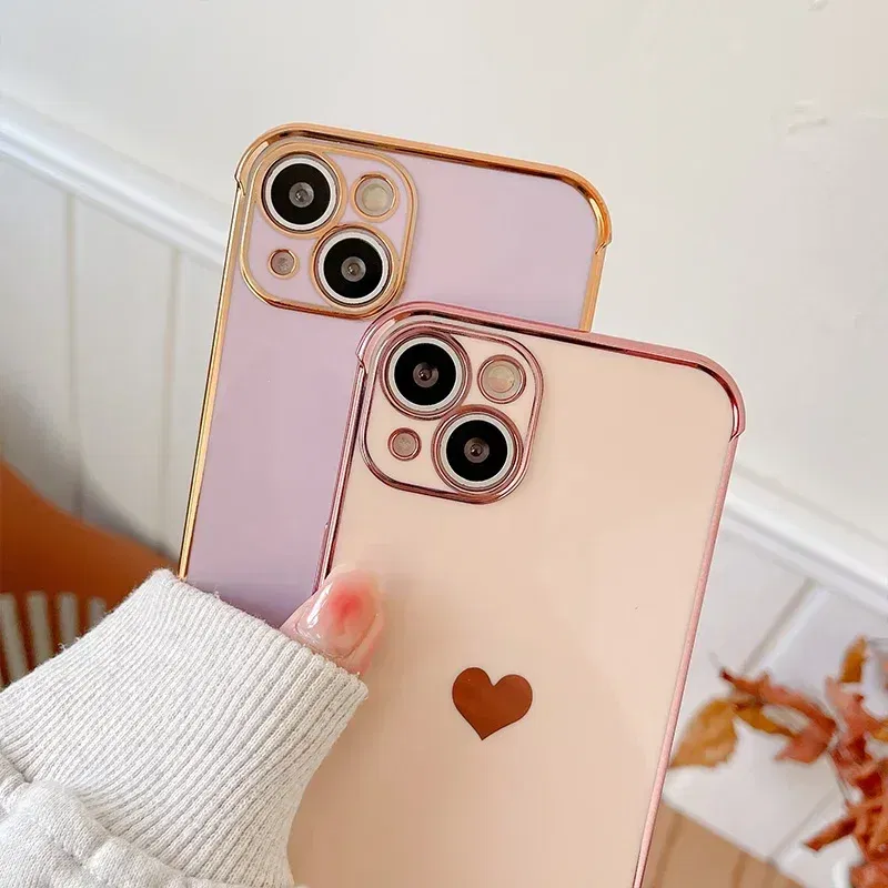 Color: Brown, Compatible-Phone Models: For iPhone 15, Ships From: CN - Electroplating Side Love Heart Phone Case For IPhone 16 15 14 13 12 11 Pro Max XR 8 Plus SE2/SE3 Shockproof Back Cover