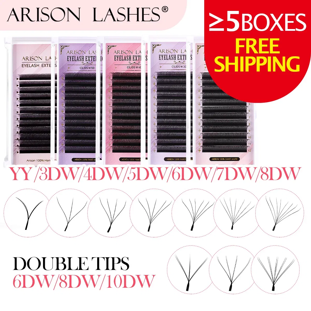 Color: BLACK & RED, Curl: D, Thickness: 0.07mm, Length: 8mm - ARISON YY Lashes and 3D/4D/5D W Shape Lashes Brasileiro Premade Volume Eyelashes Extension Soft Thin Easily Grafting Extension