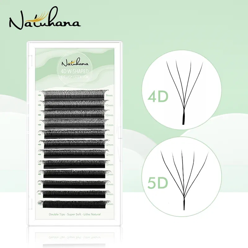 Color: Black & Silver, Curl: LU, Thickness: 0.07mm, Length: 14mm - NATUHANA W-Shaped 4D 5D Volume Eyelash Extensions Premade Volume Fans W Shape Lashes Natural Soft False Eyelashes for Makeup