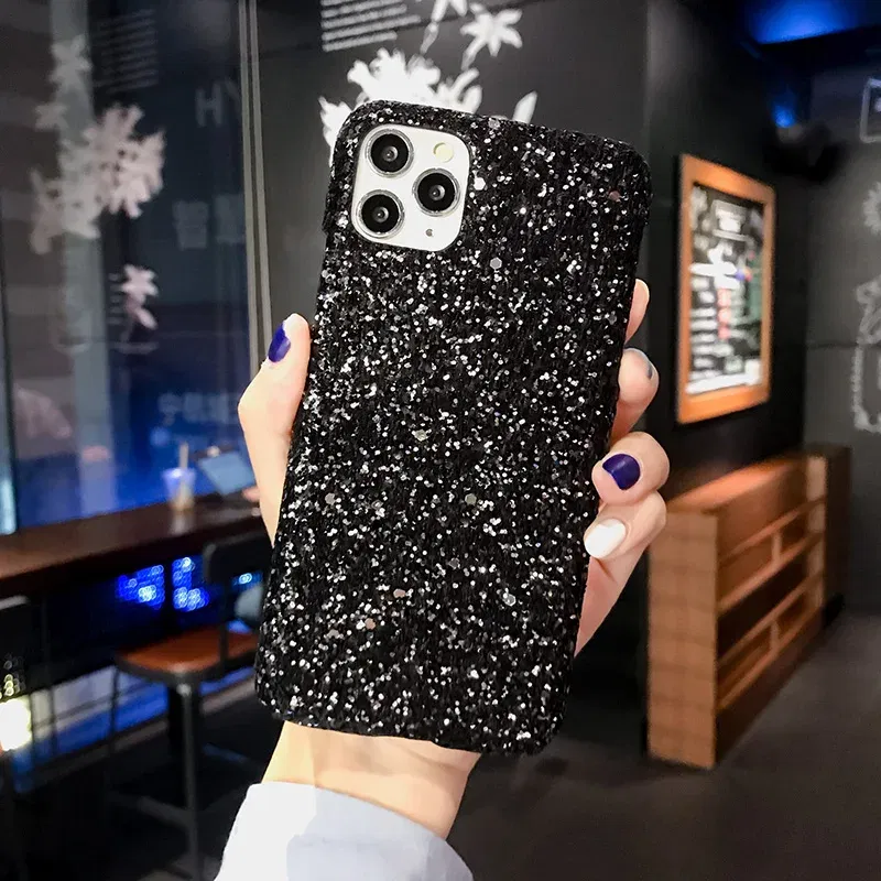 Color: black, Material: Microfiber - Hard Shiny Diamond Girly Phone Case for iPhone 11 12 13 14 15 Pro Max 14 15Plus