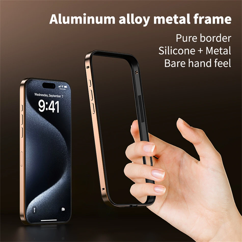 Color: GRAY, Material: Aluminum - Titanium Metal Frame Bumper Shockproof Case for IPhone 16 15 Pro Max Plus 5G for Apple Solid Colour Protection Phone Cover
