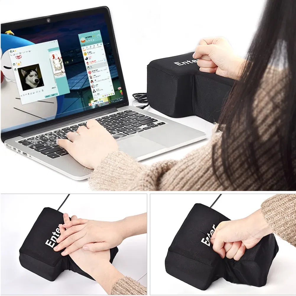 Color: Pink - Anti-Stress Computer Huge Enter Key Big Giant USB Keyboard Vent Button Pillow