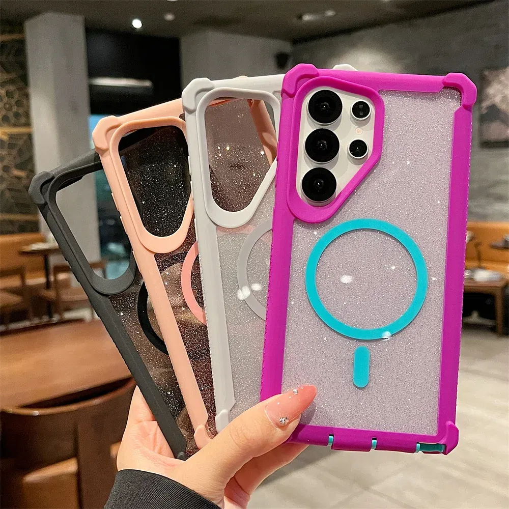 Color: SKY BLUE, Compatibility by Model: Galaxy S25 - For Magsafe Clear Armor Bumper Glitter Phone Case For Samsung S25 Ultra S24 Plus Wireless Charging Shockproof Protective Cover