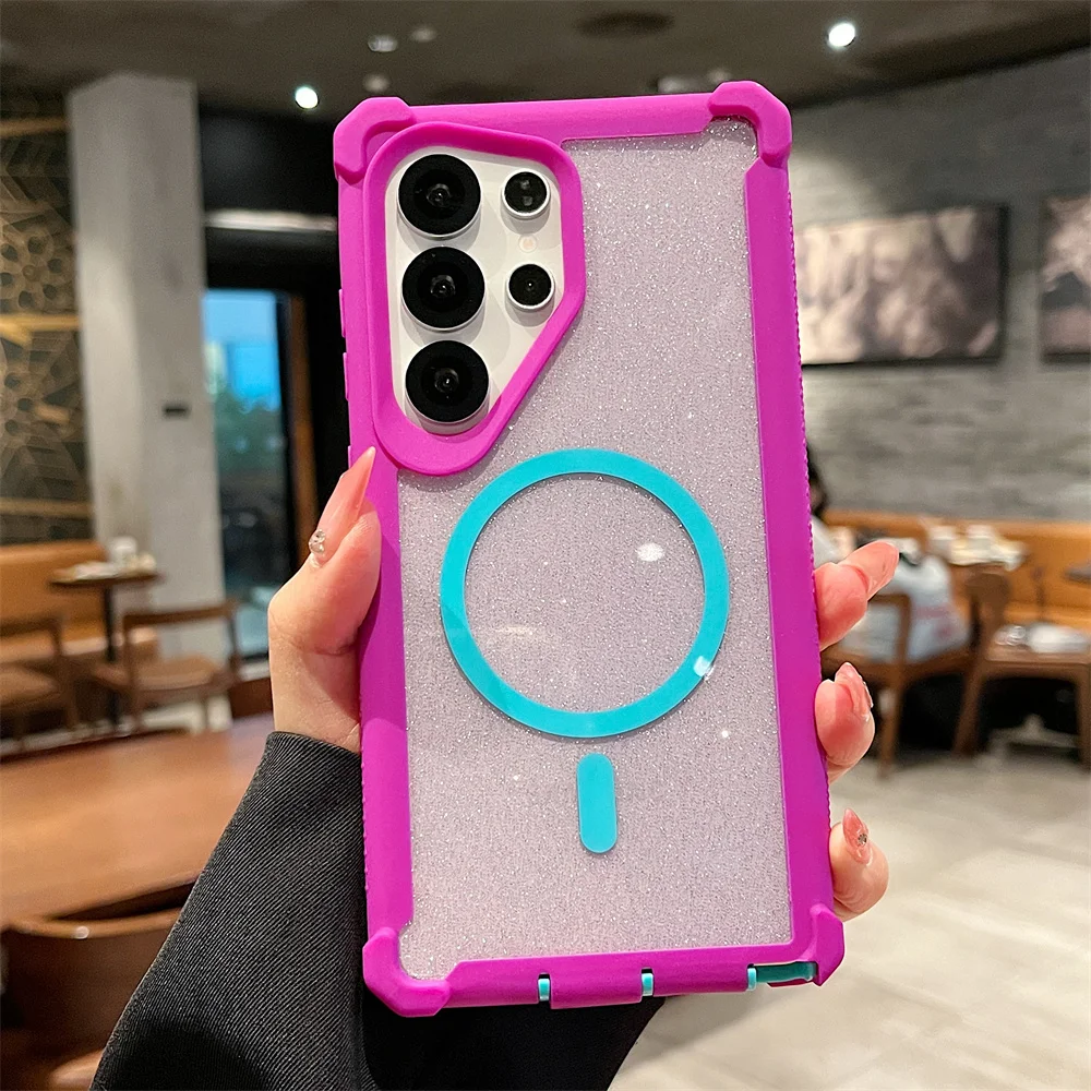 Color: SKY BLUE, Compatibility by Model: Galaxy S25 - For Magsafe Clear Armor Bumper Glitter Phone Case For Samsung S25 Ultra S24 Plus Wireless Charging Shockproof Protective Cover
