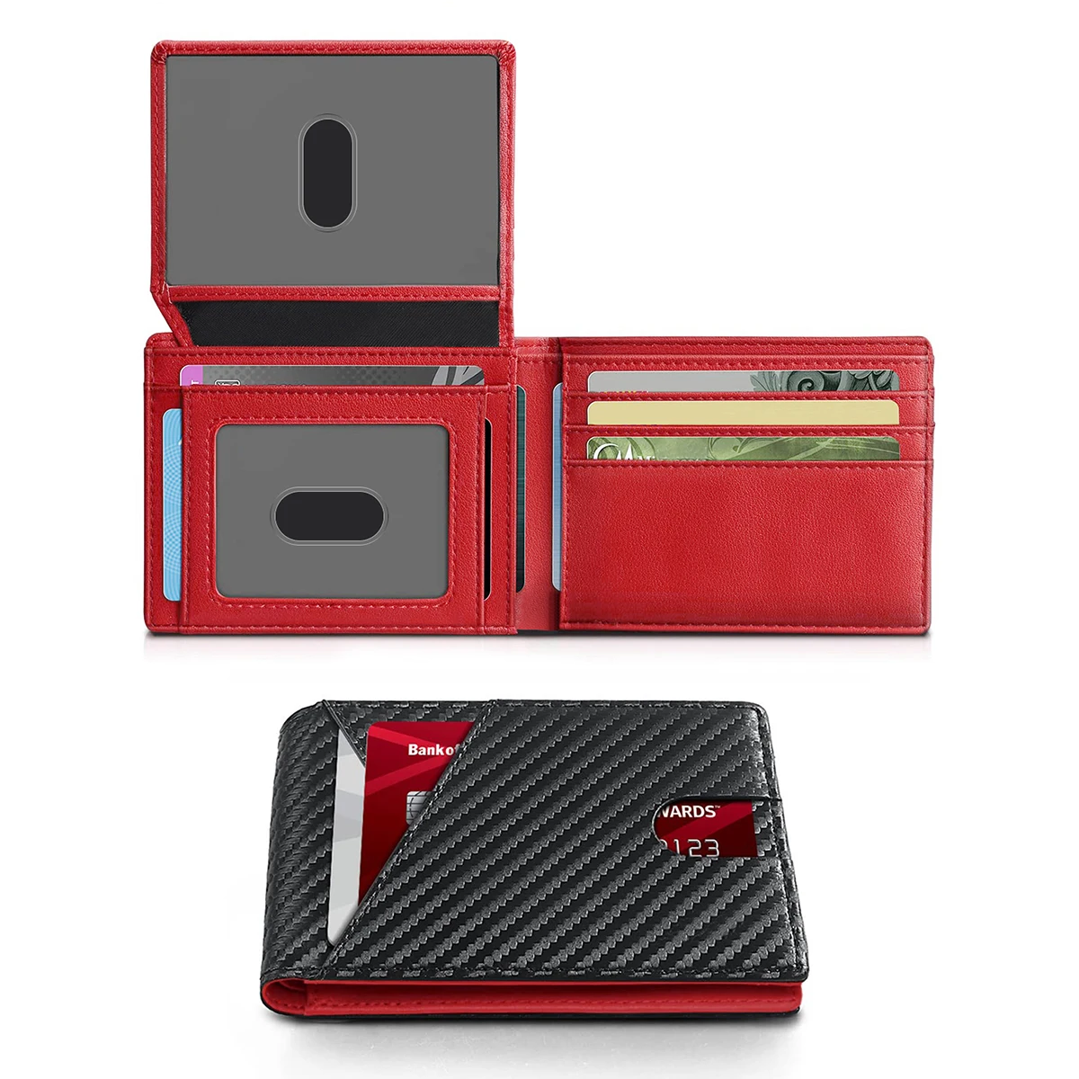 Color: Red - RFID Carbon Fiber Ultra-thin Trifold Wallet Simple Front Pocket Design Wallet Multi-function Portable 8 Card Slots Men's Wallet