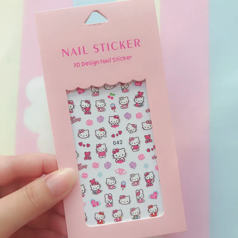 Color: BLACK WHITE - 1PCS Hello Kitty 3D Nail Stickers Press on Nails Mickey Mouse Donald Duck Stitch Cartoon Stickers Nail Art Decoration