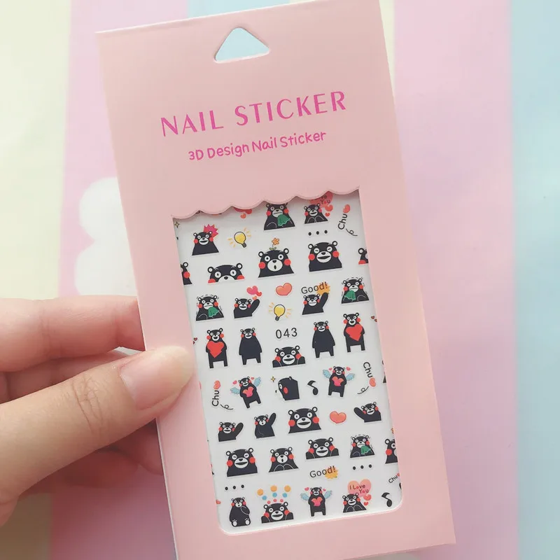 Color: BLACK WHITE - 1PCS Hello Kitty 3D Nail Stickers Press on Nails Mickey Mouse Donald Duck Stitch Cartoon Stickers Nail Art Decoration