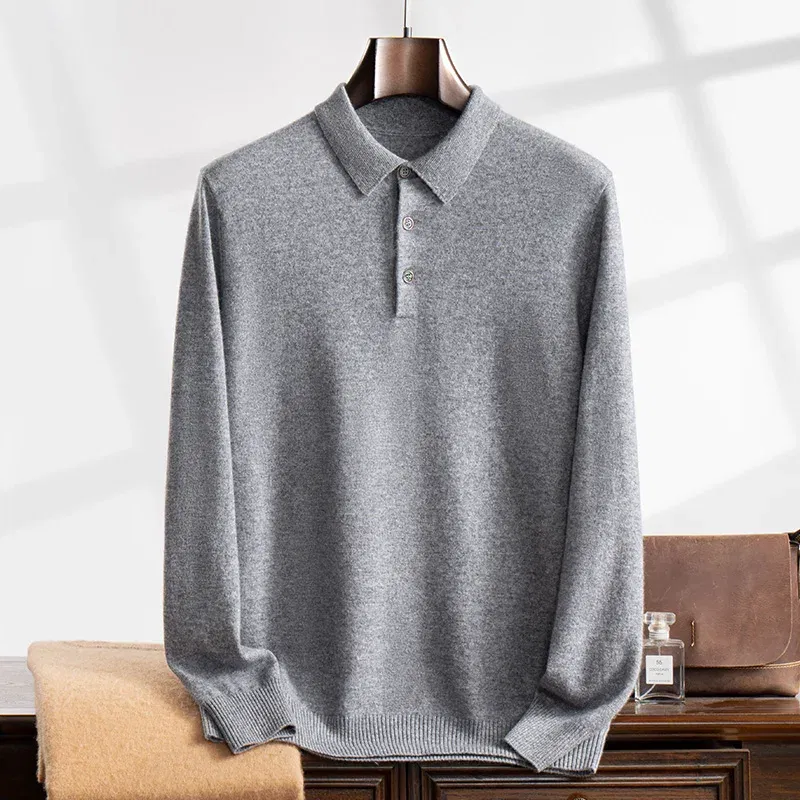 Color: Khaki, Size: M - High Quality Men's 100% Cashmere POLO Collar Pullover Soft Elastic Autumn Winter Business Casual Solid Color Knitted Sweater