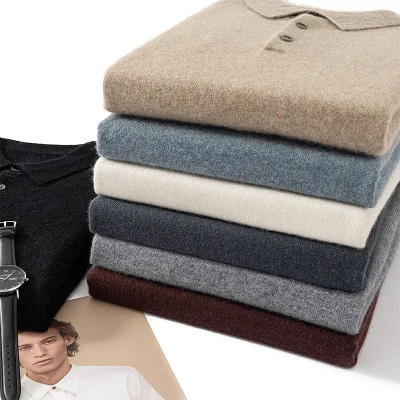 Color: Khaki, Size: M - High Quality Men's 100% Cashmere POLO Collar Pullover Soft Elastic Autumn Winter Business Casual Solid Color Knitted Sweater
