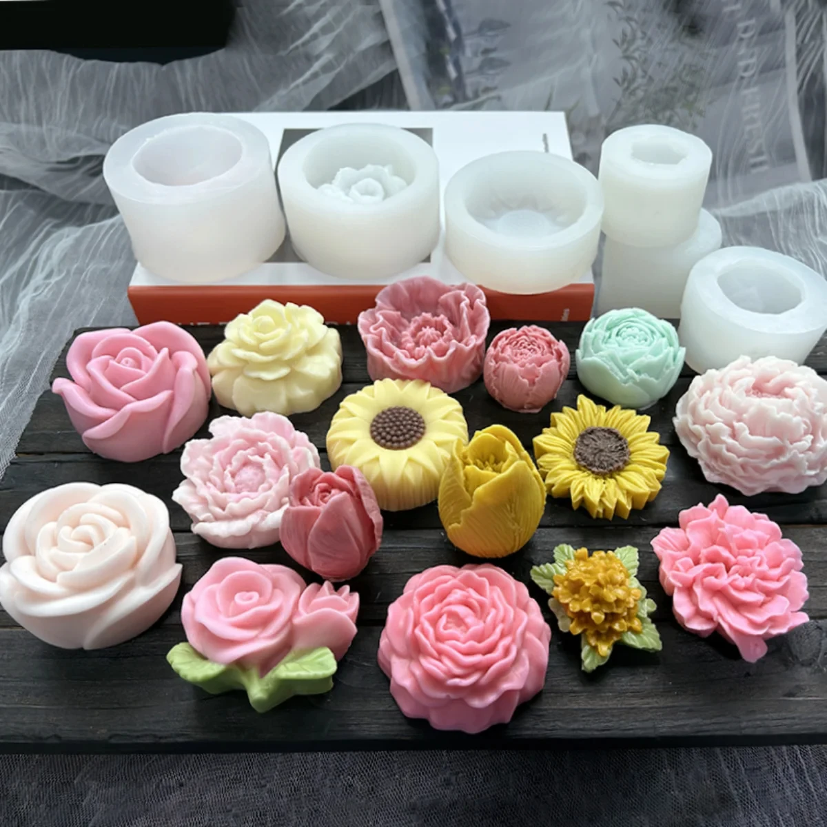 Color: light green - Lotus Flower Silicone Candle Mold Sunflower Peony Multi Style Soap Resin Crystal Mould Heart Rose Chocolate Ice Making Set Gifts