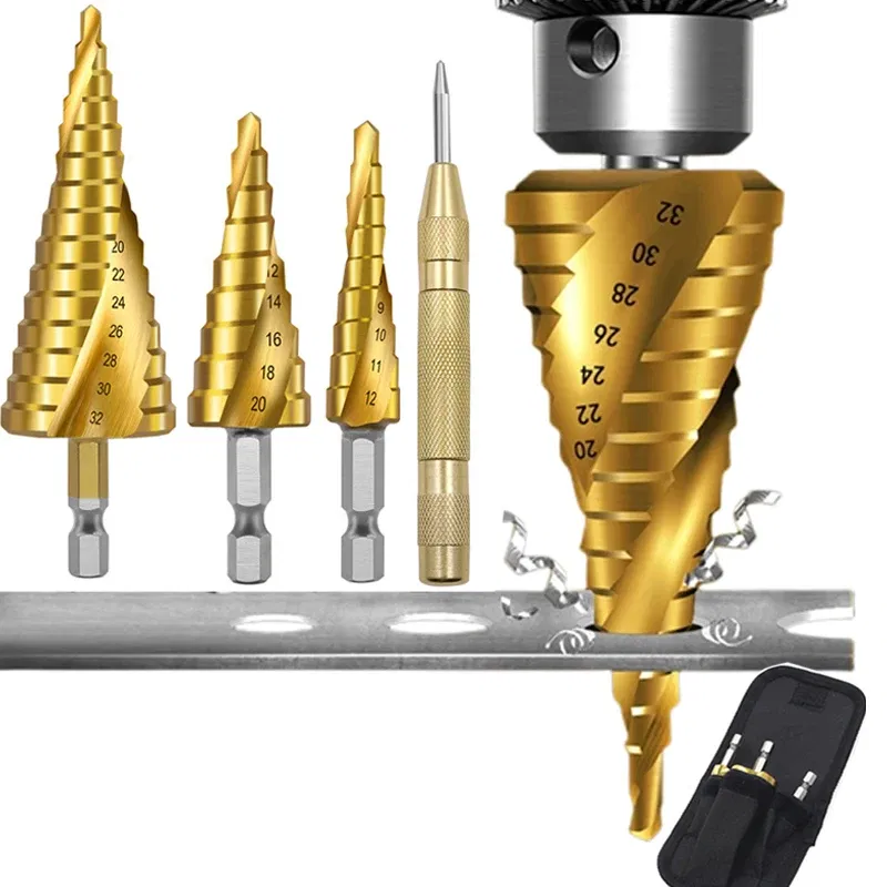 Color: Red - 3pcs Spiral Grooved Drill Bits 3-12 4-12 4-20 Drilling Power Tool Metal Stainless Steel Wood Hole Cutter Cone Fast Drill Bit Set