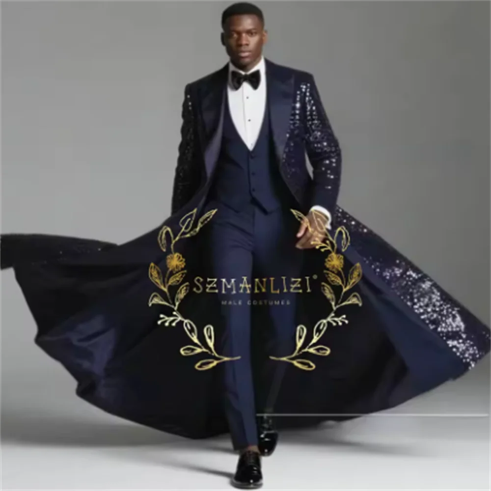 Color: Red, Size: 5XL - Burgundy Shiny Sequin Suits Men 3 Pieces Sets Single Breasted Groom Long Blazer Costume Homme Wedding Tuxedo Male Clothing