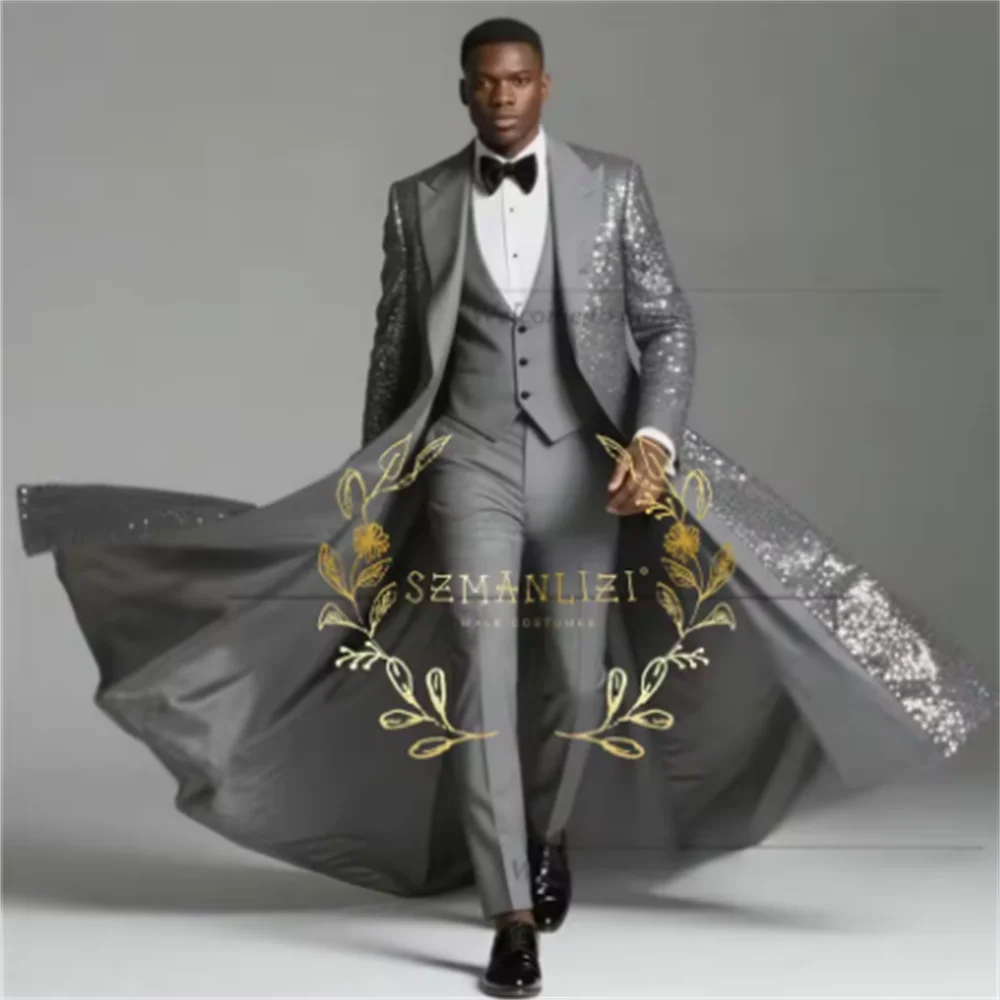 Color: Red, Size: 5XL - Burgundy Shiny Sequin Suits Men 3 Pieces Sets Single Breasted Groom Long Blazer Costume Homme Wedding Tuxedo Male Clothing