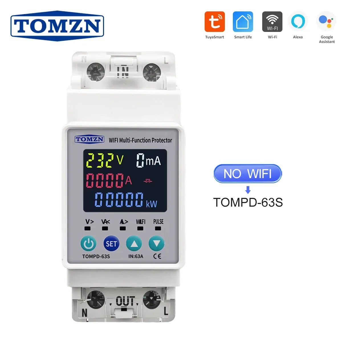 Rated Current: 63A - TOMZN 63A 110V 230V WIFI Smart Switch smartlife Kwh Metering Circuit Breaker Timer with voltage current and leakage protection