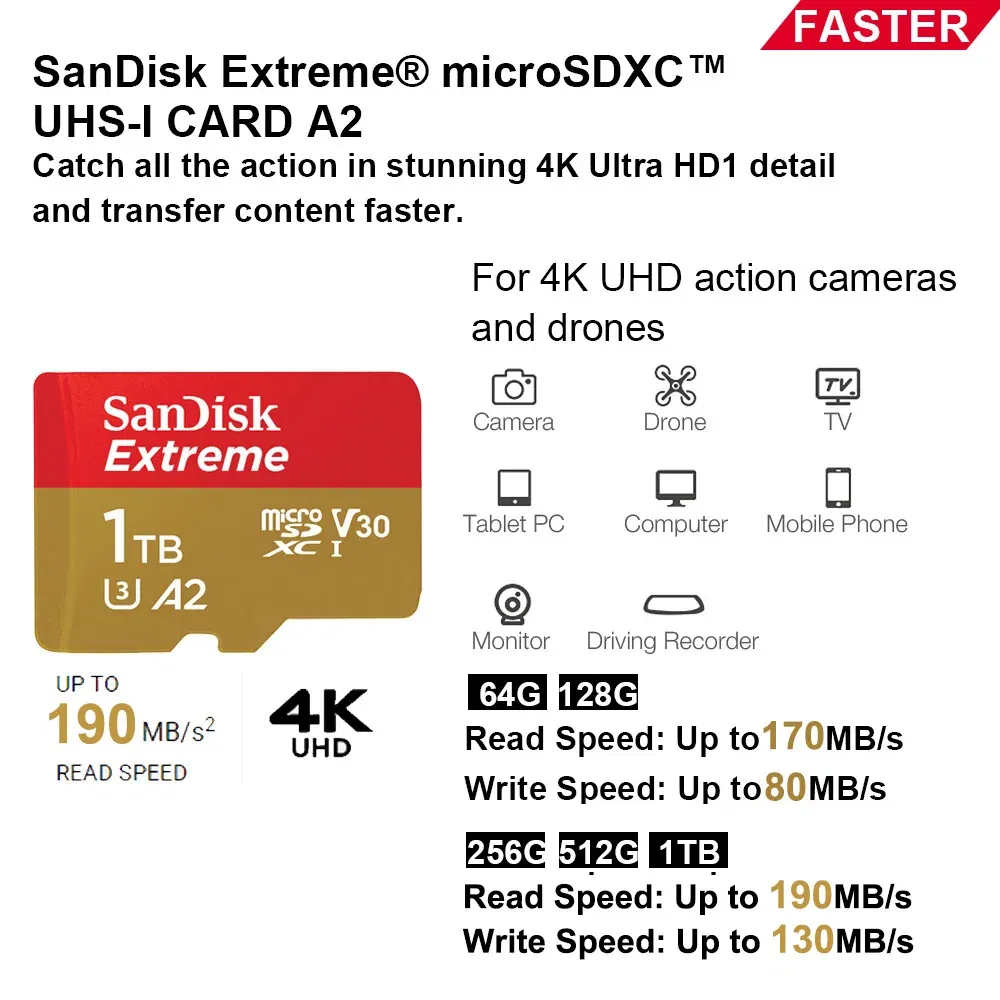 Capacity: 1TB - SanDisk Micro SD Memory Card 100% Original C10 U1 U3 4K HD Trans Flash Cards for Camera GoPro DJI Nintendo Switch MicroSDXC Card