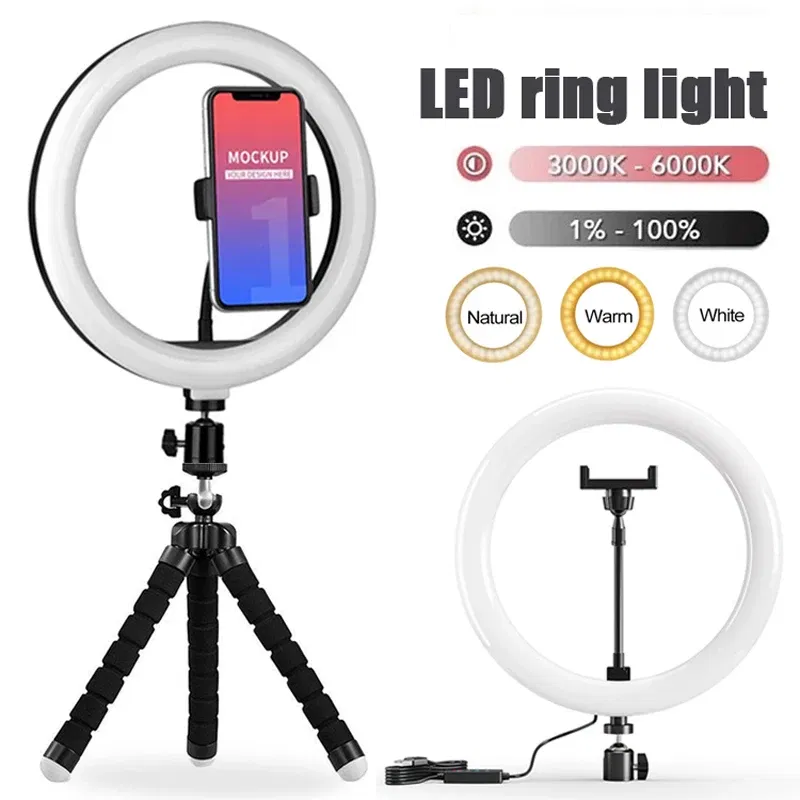 Color: Light Grey - 10 inch LED Selfie Ring Light Dimmable Photography Fill Lamp with Mini tripod for Mobile Phone Live Video Photo Studio Ringlight